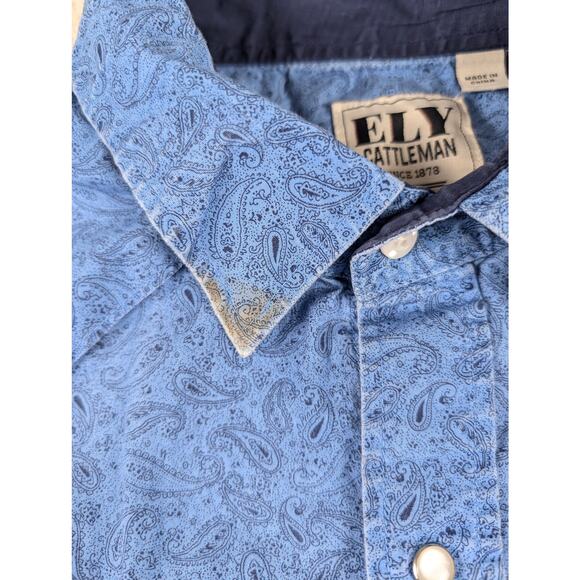 Ely Cattleman Men's Paisley Cotton Blue Short Sleeve Western XXL Pearl Snap - Picture 5 of 7
